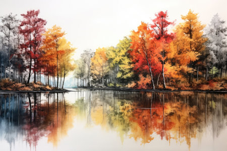 Autumn Trees Reflected In Lake Painted With Crayonsの素材