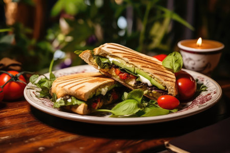Caprese Panini On Plate In Botanicalstyle Cafeの素材