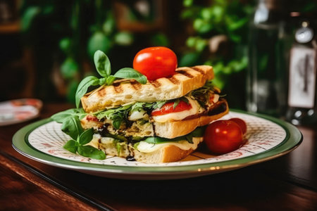 Caprese Panini On Plate In Botanicalstyle Cafeの素材