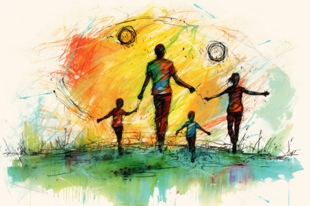 Family Playing Frisbee Painted With Crayonsの素材