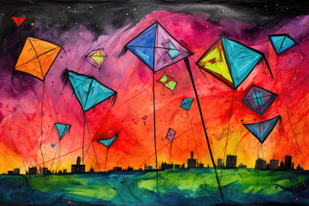 Colorful Kites In Sky Painted With Crayonsの素材