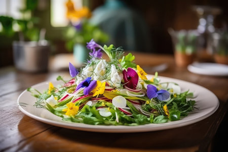 Edible Flower Salad On Plate In Botanicalstyle Cafeの素材