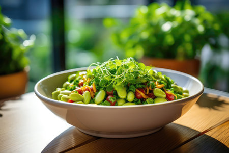 Edamame Bowl On Plate In Botanicalstyle Cafeの素材