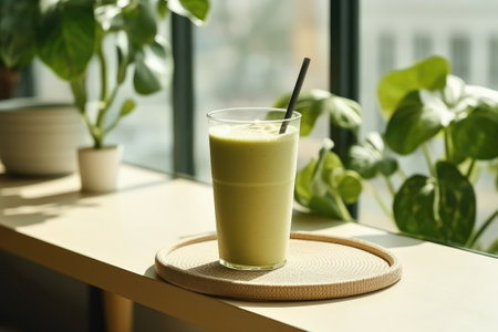 Fruit Smoothie On Plate In Minimalist Cafeの素材