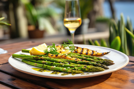 Grilled Asparagus On Plate In Botanicalstyle Cafeの素材