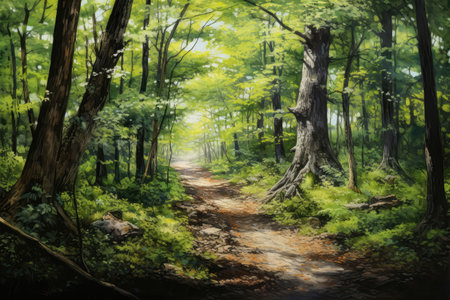 Hiking Through Lush Forest Painted With Crayons.の素材