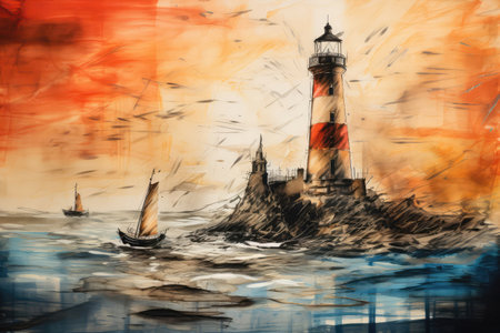 Lighthouse Guiding Ships Home Painted With Crayons.の素材