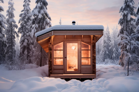 Outdoor Wooden Sauna In Pristine Snowscape.の素材