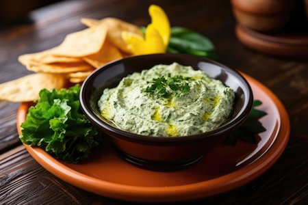 Spinach And Artichoke Dip On Plate In Botanicalstyle Cafe.の素材