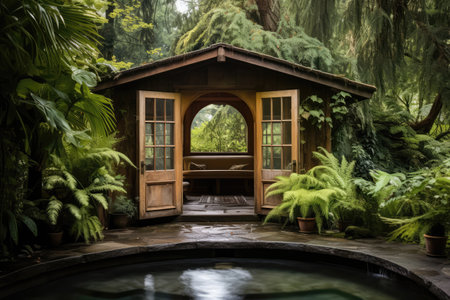 Wooden Bathhouse With Vintage Charm Surrounded By Lush Greenery.の素材