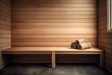 Wooden Bench In Steam Room Ready For Relaxation.の素材