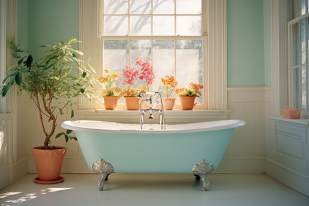 Vintage Clawfoot Bathtub In Sunlit Pastelpainted Bathroom.の素材