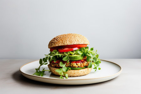 Veggie Burger On Plate In Minimalist Cafe.の素材