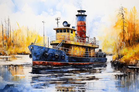 Tugboat On Winding River Painted With Crayons.の素材