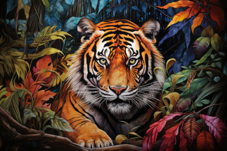 Tiger Resting In Jungle Painted With Crayons.の素材