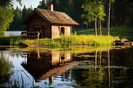 Traditional Wooden Bathhouse By The Tranquil Lake.の素材