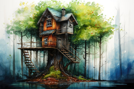 Treehouse Nestled In Forest Painted With Crayons.の素材