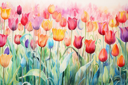 A Painting Of A Field Of Colorful Tulips.の素材