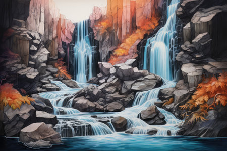 Waterfall Cascading Down Rocks Painted With Crayons.の素材