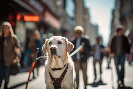 Visually Impaired Individual, Wearing Dark Sunglasses And Using White Cane And Guide Dog, Navigating Bustling City Street With Blurred Surroundings.の素材