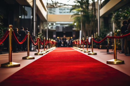 Empty Red Carpet Laid Out In Anticipation Of The Arrival Of Renowned Celebrity Stars Paparazzi.の素材