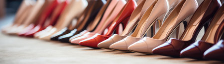 Closeup Of Row Of Stylish Highheeled Shoes Panoramic Bannerの素材