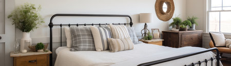 Farmhousestyle Guest Room With Wrought Iron Bed And Rustic Decor Modern Farmhouse Interior Design Panoramic Bannerの素材