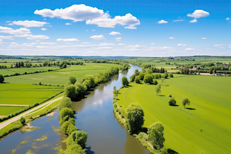 Beautiful Aerial Image Of Green Meadows And A River In The Countrysideの素材