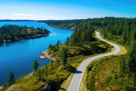 A Bird's Eye View Of A Winding Lakeside Road, Shot From A Drone, Perfect For Travel Contentの素材