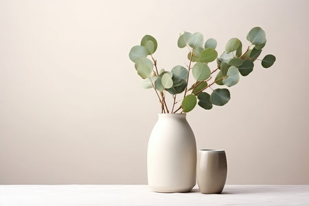 Autumn Composition With Eucalyptus Branches, Cotton Flowers, And Dried Leaves Mockup. Ð¡oncept Autumn Decoration, Eucalyptus Arrangement, Cotton Flower Display, Dried Leaf Mockupの素材