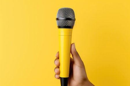 Hand Holding Microphone Over Yellow Background Mockupの素材