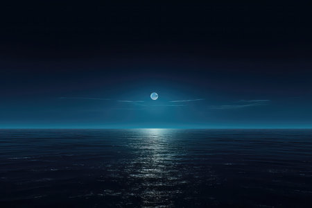 Full Moon Rising Over Empty Ocean At Night, Providing Ample Copy Space For Various Uses.の素材