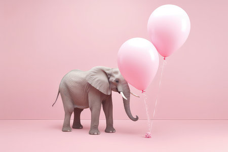 Pastel Love Concept Featuring Wild Animals, With Elephant Expressing Love And Offering Pastel Pink Heart Balloon On Valentines Day In The Animal World Minimalistic Style, Ultrarealist.の素材
