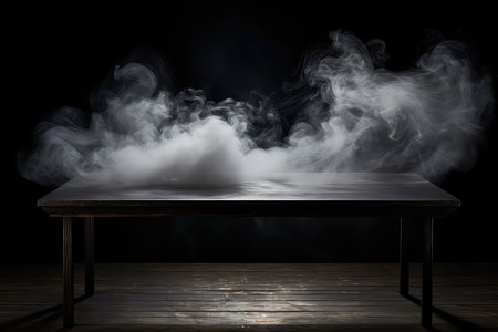 Empty Wooden Table With Smoke Floating Up On Dark Background, Creating Mysterious Atmosphere. Ð¡oncept Smoke Photography, Mysterious Atmosphere, Dark Background, Empty Wooden Table. .の素材