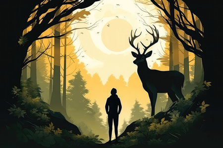 Illustration For International Day Of Forests And Wildlife, Depicting Person Taking Shelter Under Giant Wild Deer To Symbolize The Sustainable Planet And Unity With Nature Minim().の素材