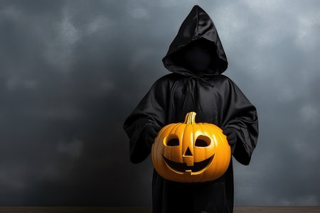 Kid In Witch Halloween Costume With Pumpkin. Ð¡oncept Halloween Costumes, Kids Costumes, Witch Costume, Pumpkin Decoration.の素材