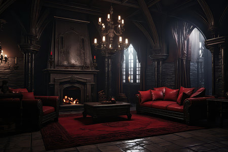 Interior Of Vast Vampire Castles Living Room. Concept Gothic Furniture, Dark DÃ©cor, Opulent Design, Spooky Accents.の素材