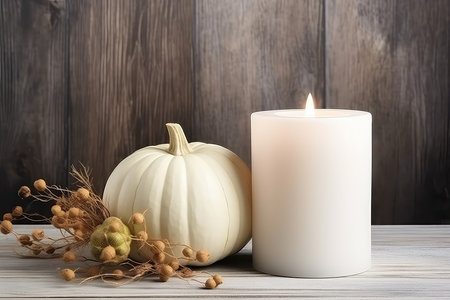 White Pumpkin And Candle Decor On Painted Wood Table, Creating Festive Halloween And Thanksgiving Ambiance. Concept White Pumpkin Decor, Candle Centerpiece, Festive Halloween Ambiance.の素材