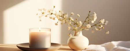 Cozy Home Decor Arrangement Features Burning Fragrance Candle.の素材