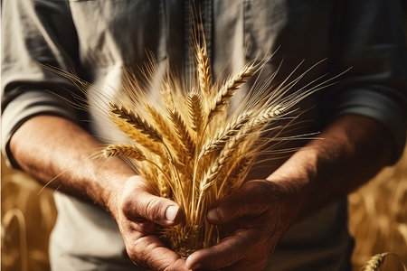 Farmer Holds Hands With Wheat, Symbolizing Grain Deal.の素材