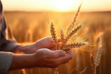 Workers Hand Delicately Takes Wheat Spikes At Sunset, An Artistic Recreation.の素材