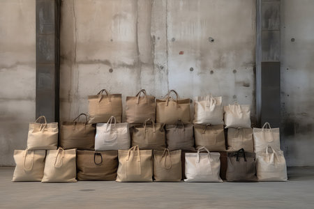 Old Warehouse Filled With Classic Canvas Bags.の素材
