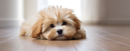 A Dog Laying On A Wooden Floorの素材