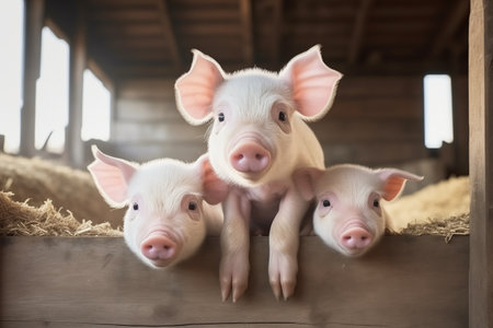 Pigs In Rustic Barn, Embracing Farm Life. Ð¡oncept Vintage Car Shoot, Urban Street Style, Natural Landscape Portraits, Bohemian Fashion Photography, Family Portraits.の素材