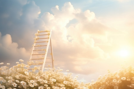 A Ladder In A Field Of Flowers.の素材