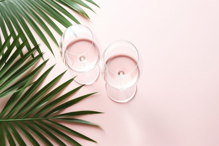 Minimal Summer Flat Lay With Wine Glasses And Palm Leaf.の素材