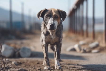 Rescued Stray Dog On Chain At Animal Shelter.の素材