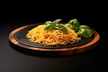 Spaghetti With Basil Garnish On Black Wooden Board.の素材