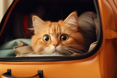 Pet Cat Eagerly Waiting In Travel Bag. Ð¡oncept Cute Animal Moments, Pets On The Go, Traveling With Pets, Feline Adventures, Adorable Cat In Bag.の素材