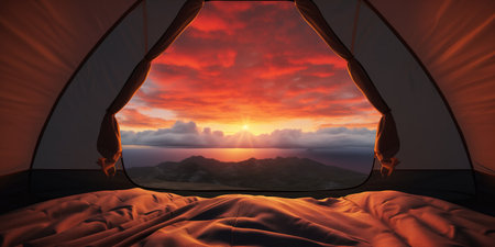 Serene View Of Nature From Inside Tent, Highlighted By Stunning Sunrise.の素材
